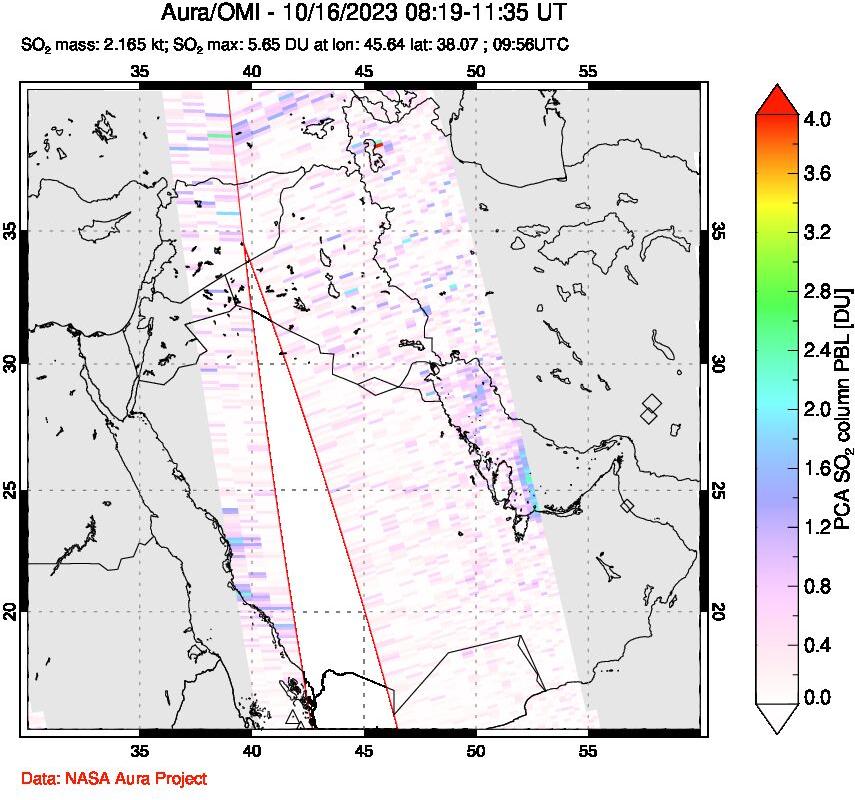 A sulfur dioxide image over Middle East on Oct 16, 2023.