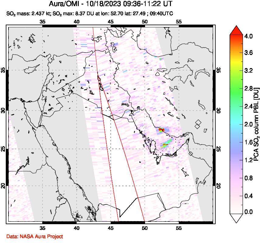 A sulfur dioxide image over Middle East on Oct 18, 2023.