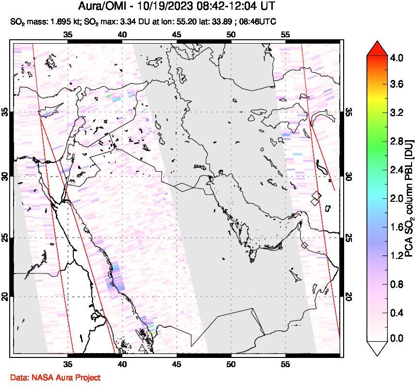 A sulfur dioxide image over Middle East on Oct 19, 2023.