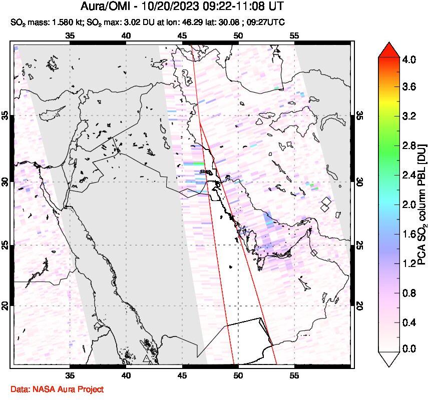 A sulfur dioxide image over Middle East on Oct 20, 2023.