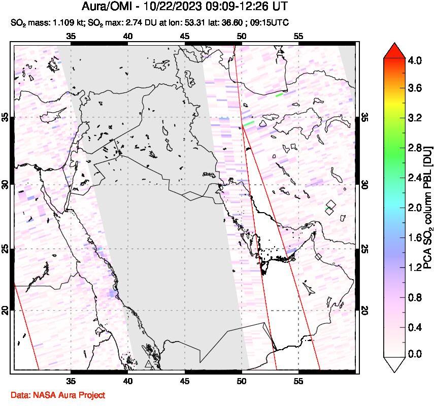 A sulfur dioxide image over Middle East on Oct 22, 2023.