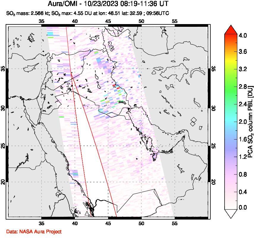 A sulfur dioxide image over Middle East on Oct 23, 2023.