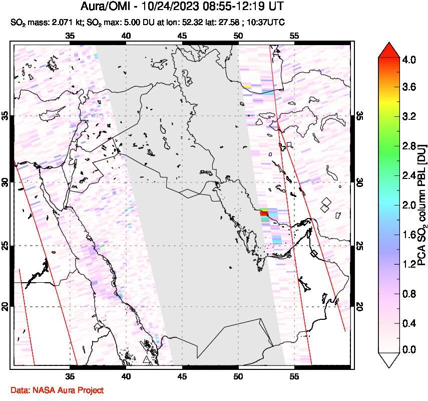 A sulfur dioxide image over Middle East on Oct 24, 2023.