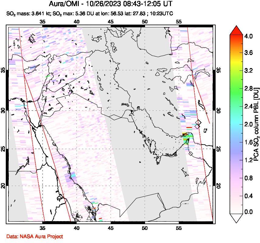 A sulfur dioxide image over Middle East on Oct 26, 2023.