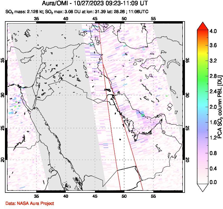 A sulfur dioxide image over Middle East on Oct 27, 2023.