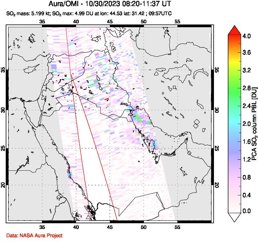 A sulfur dioxide image over Middle East on Oct 30, 2023.