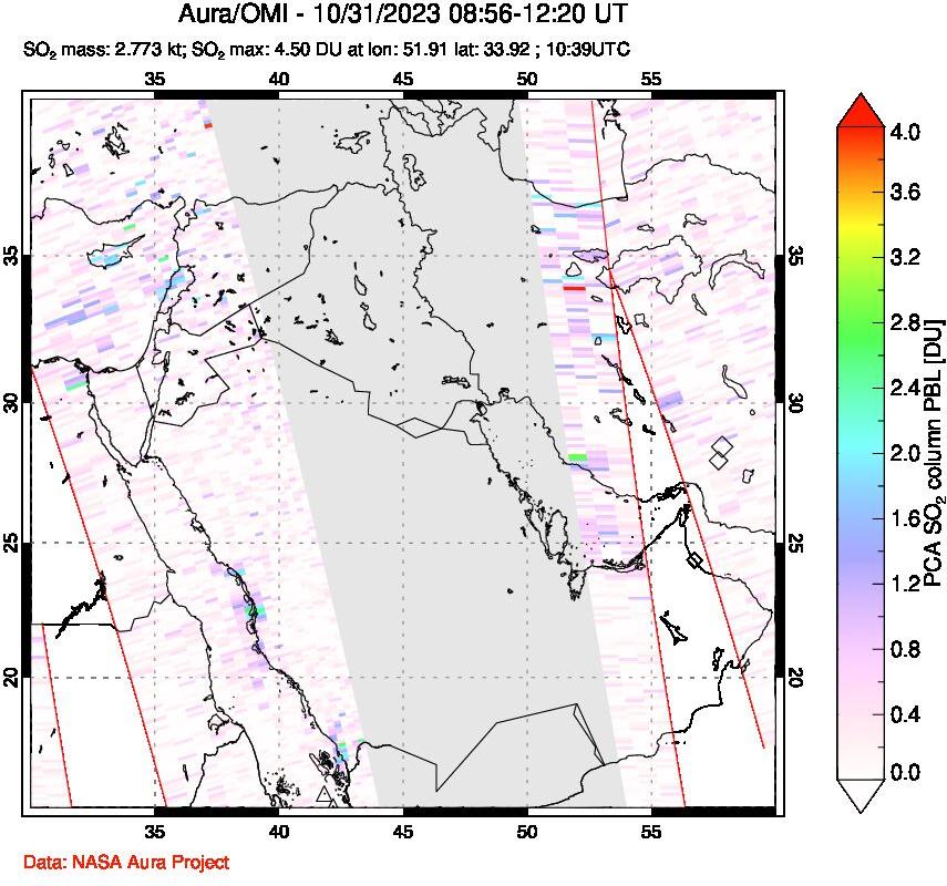 A sulfur dioxide image over Middle East on Oct 31, 2023.