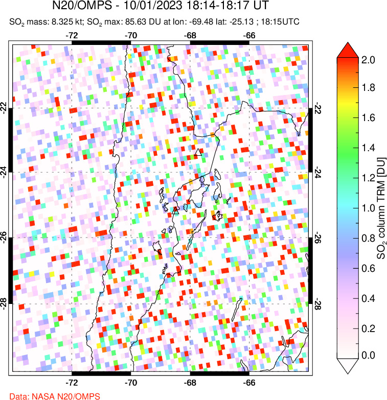 A sulfur dioxide image over Northern Chile on Oct 01, 2023.