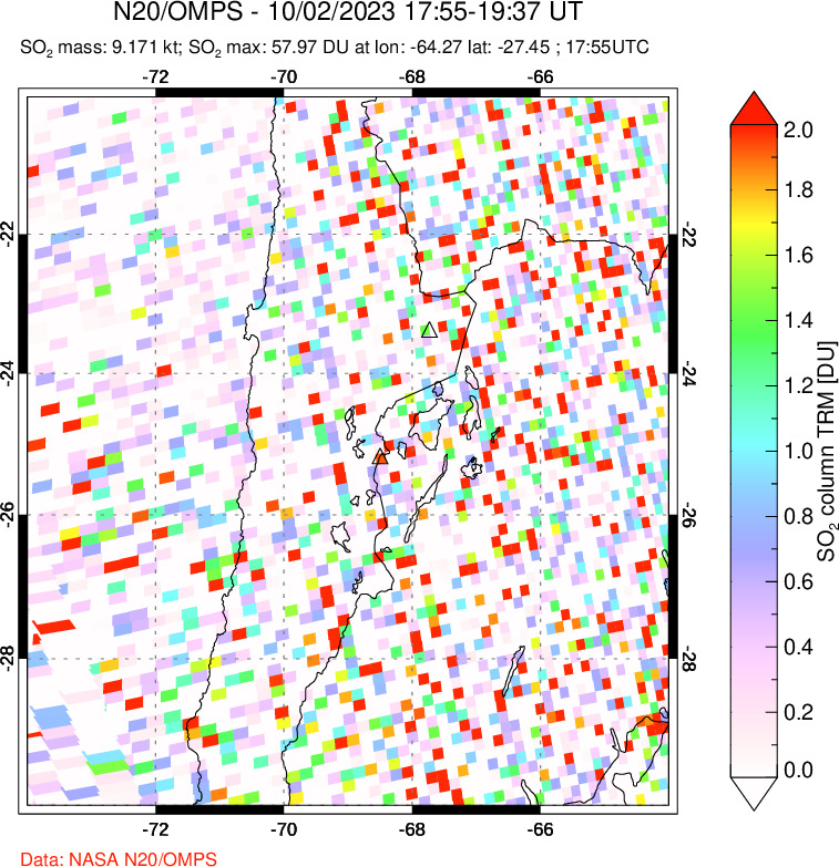 A sulfur dioxide image over Northern Chile on Oct 02, 2023.