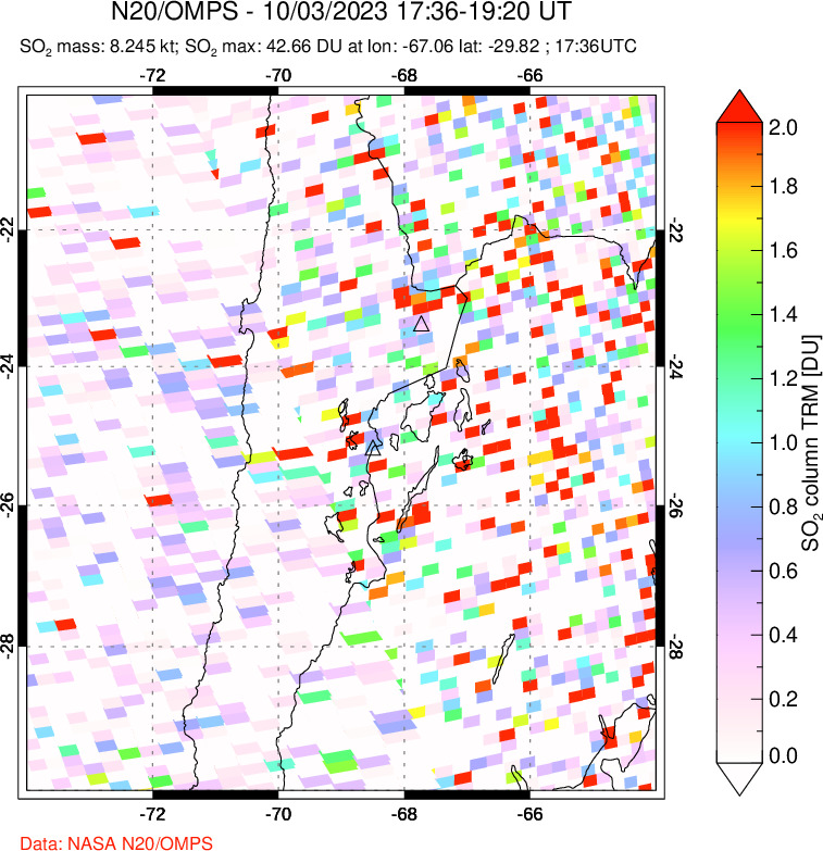 A sulfur dioxide image over Northern Chile on Oct 03, 2023.