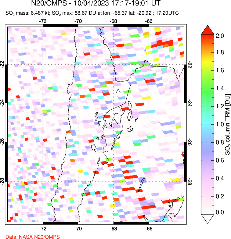 A sulfur dioxide image over Northern Chile on Oct 04, 2023.