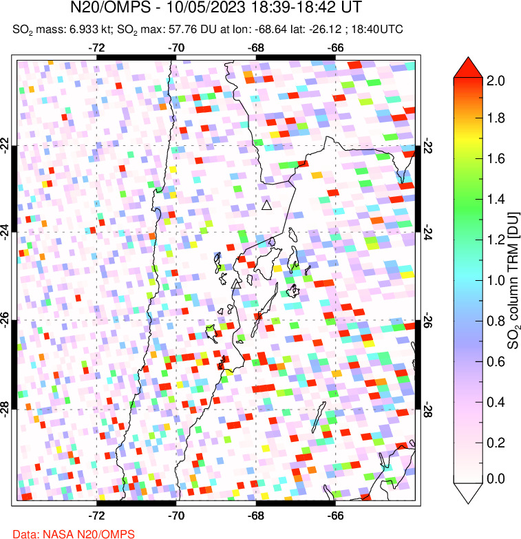 A sulfur dioxide image over Northern Chile on Oct 05, 2023.