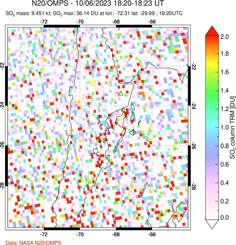 A sulfur dioxide image over Northern Chile on Oct 06, 2023.