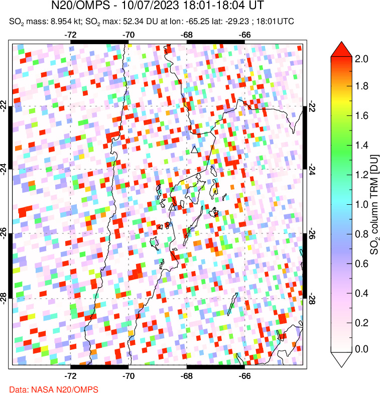 A sulfur dioxide image over Northern Chile on Oct 07, 2023.