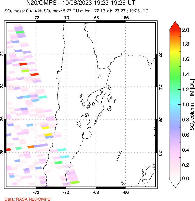 A sulfur dioxide image over Northern Chile on Oct 08, 2023.