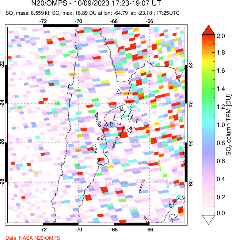 A sulfur dioxide image over Northern Chile on Oct 09, 2023.