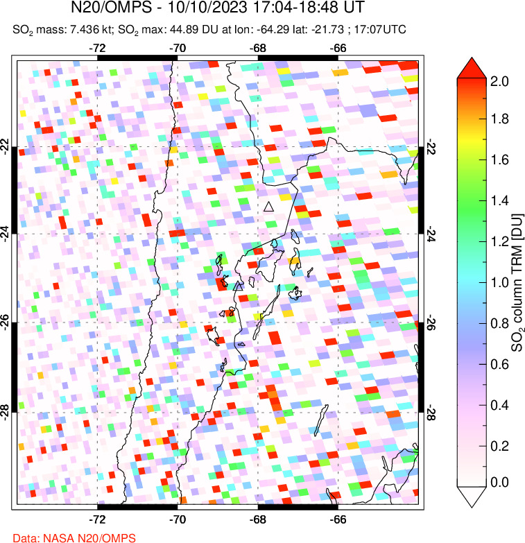 A sulfur dioxide image over Northern Chile on Oct 10, 2023.