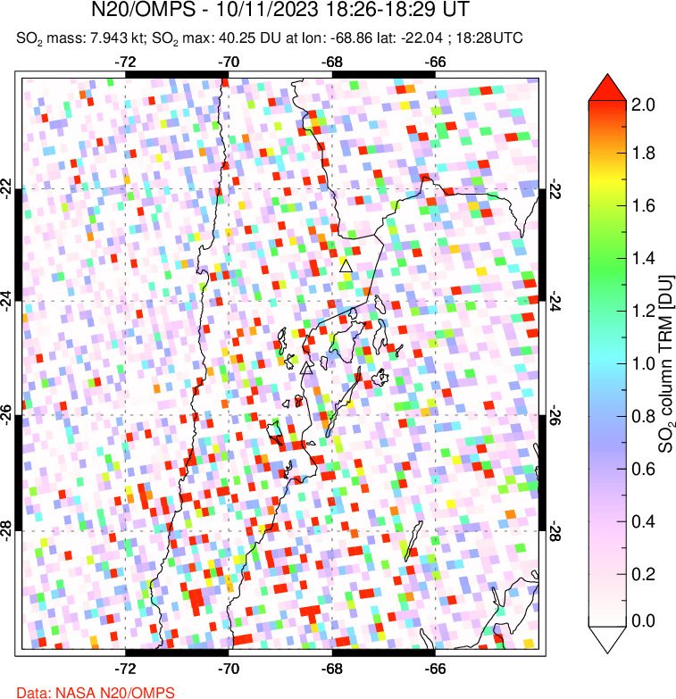 A sulfur dioxide image over Northern Chile on Oct 11, 2023.