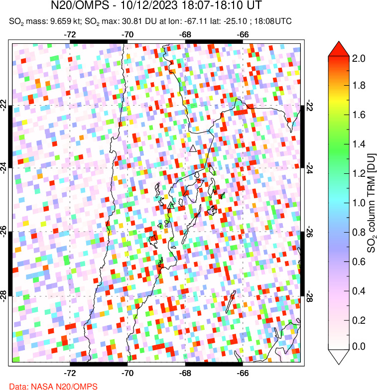 A sulfur dioxide image over Northern Chile on Oct 12, 2023.