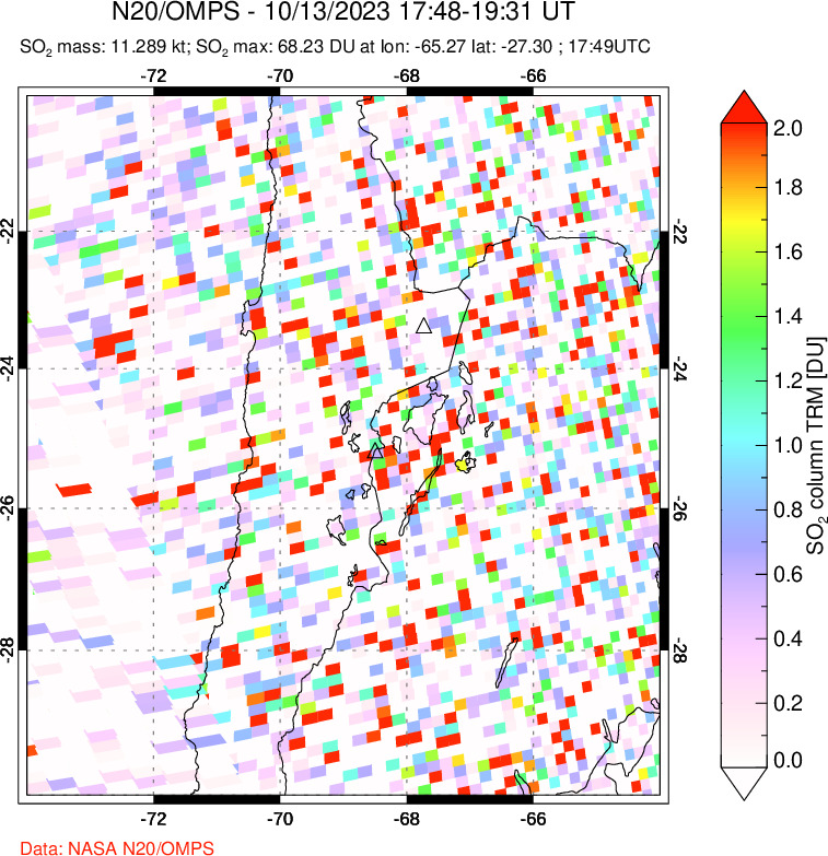 A sulfur dioxide image over Northern Chile on Oct 13, 2023.