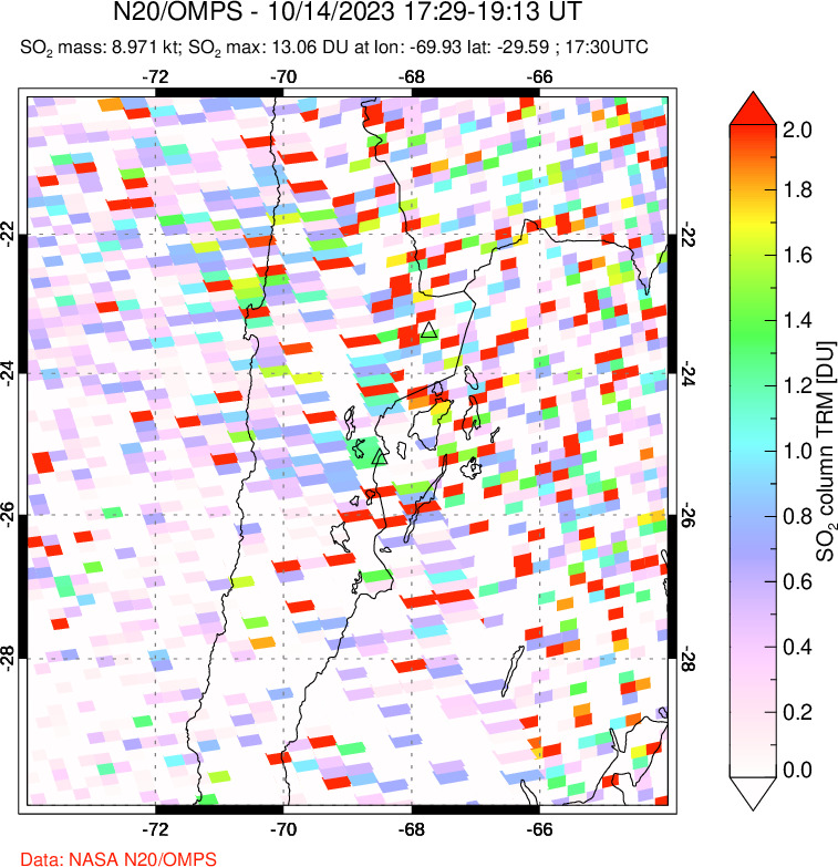 A sulfur dioxide image over Northern Chile on Oct 14, 2023.