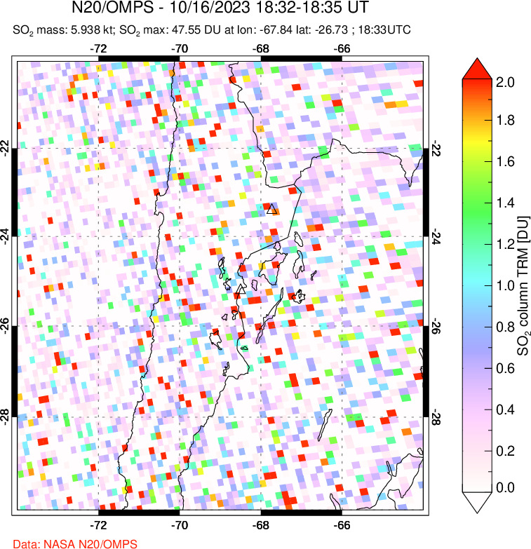 A sulfur dioxide image over Northern Chile on Oct 16, 2023.