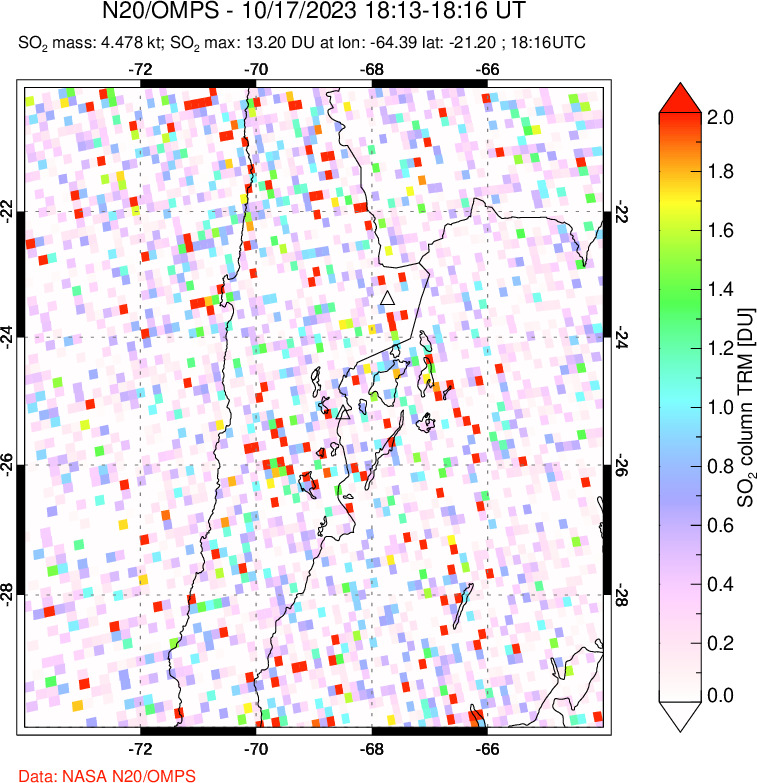 A sulfur dioxide image over Northern Chile on Oct 17, 2023.