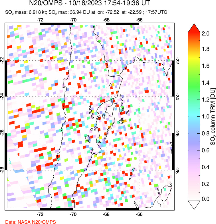 A sulfur dioxide image over Northern Chile on Oct 18, 2023.