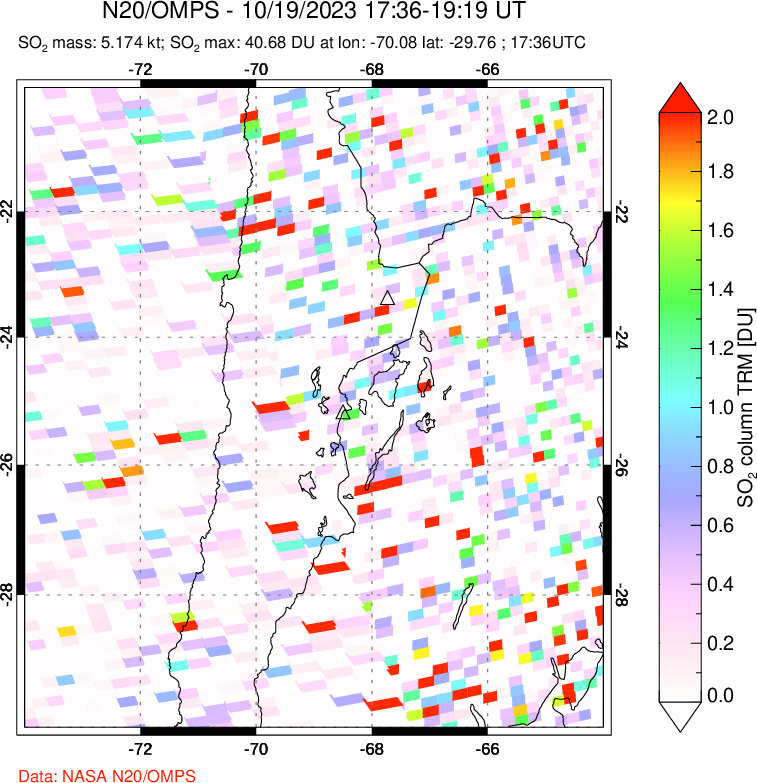 A sulfur dioxide image over Northern Chile on Oct 19, 2023.