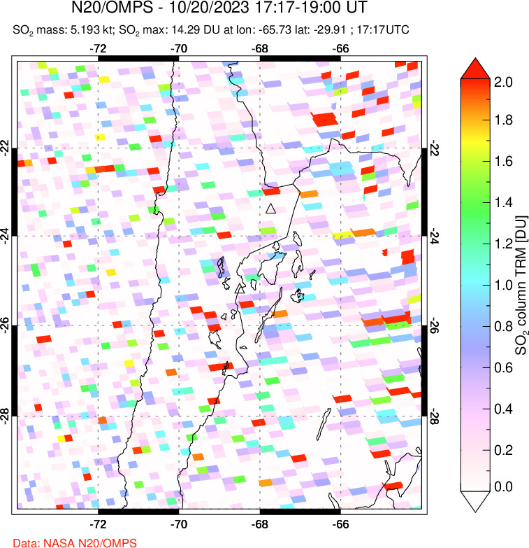 A sulfur dioxide image over Northern Chile on Oct 20, 2023.