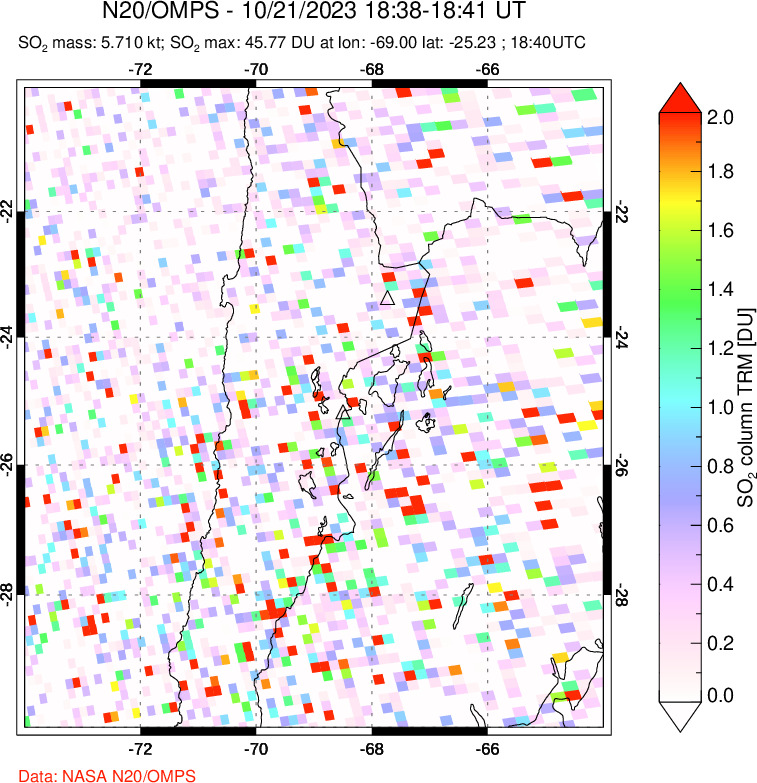 A sulfur dioxide image over Northern Chile on Oct 21, 2023.