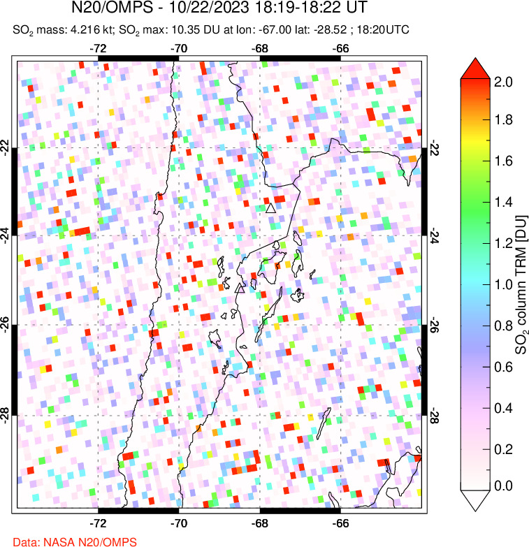 A sulfur dioxide image over Northern Chile on Oct 22, 2023.