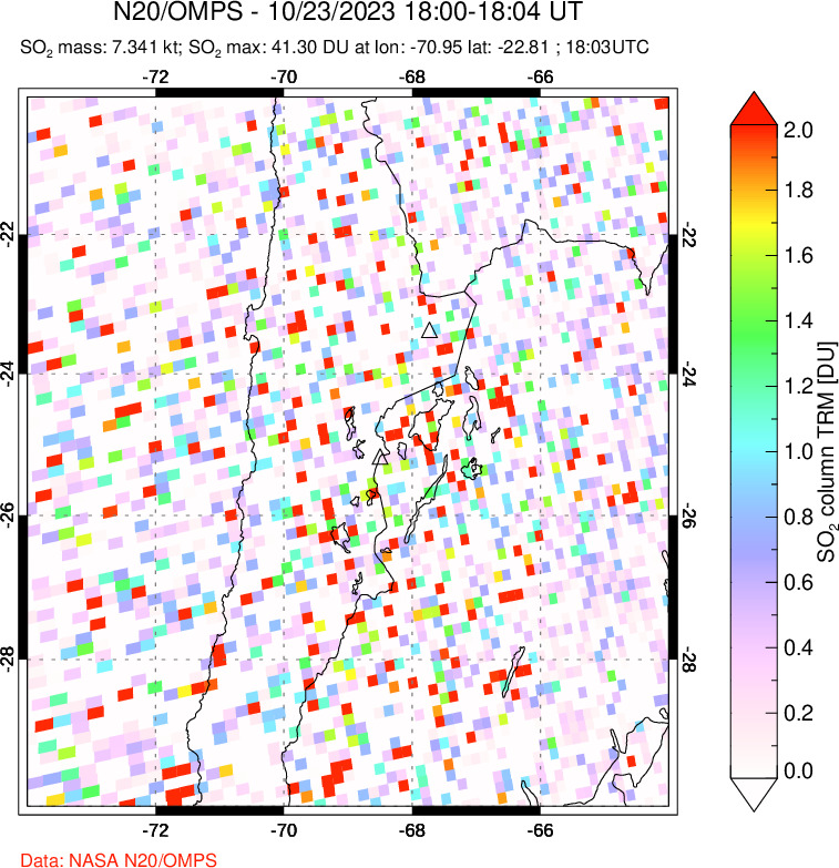 A sulfur dioxide image over Northern Chile on Oct 23, 2023.