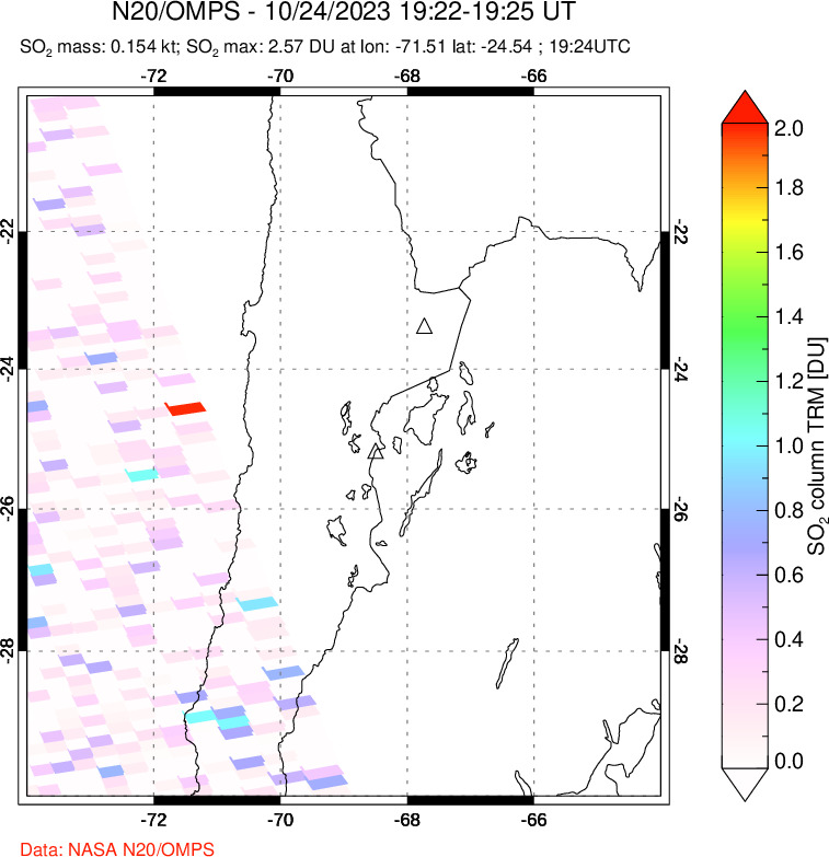 A sulfur dioxide image over Northern Chile on Oct 24, 2023.