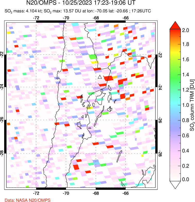 A sulfur dioxide image over Northern Chile on Oct 25, 2023.