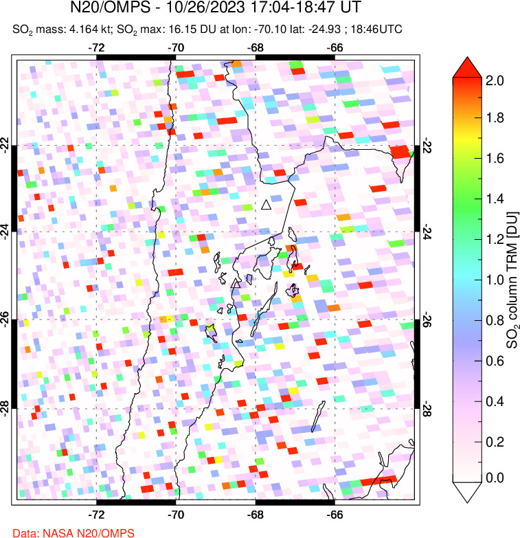 A sulfur dioxide image over Northern Chile on Oct 26, 2023.