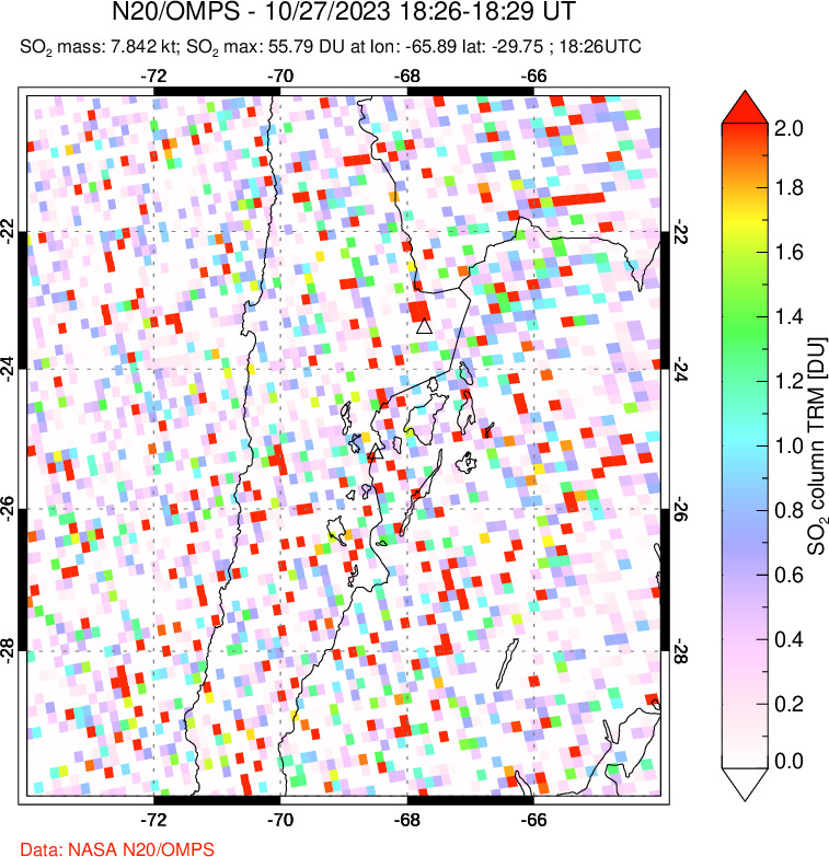 A sulfur dioxide image over Northern Chile on Oct 27, 2023.