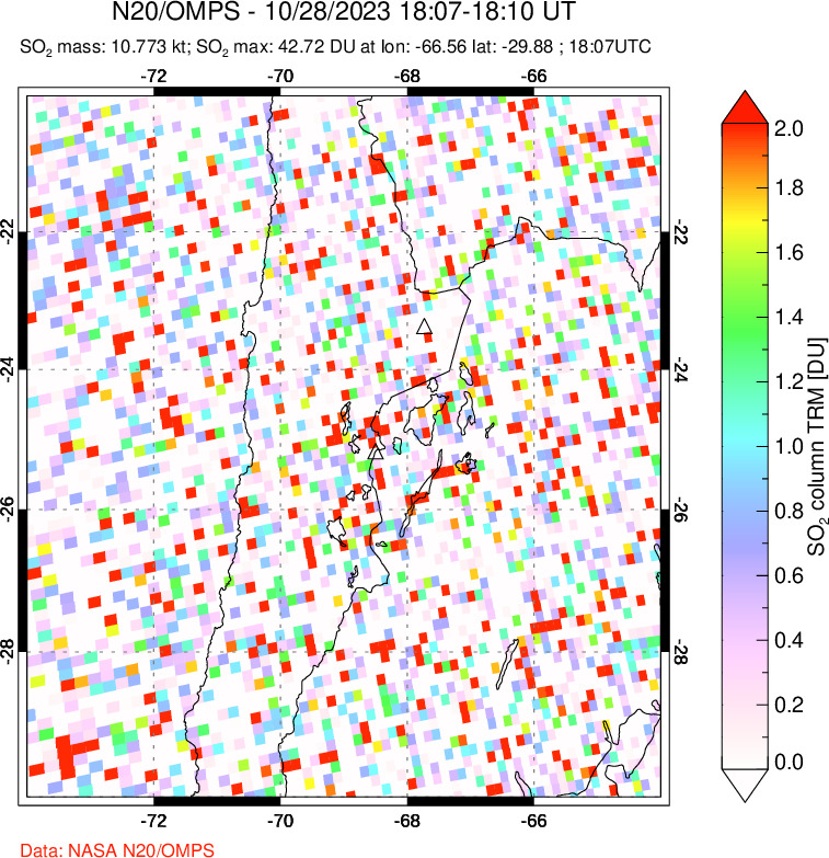 A sulfur dioxide image over Northern Chile on Oct 28, 2023.