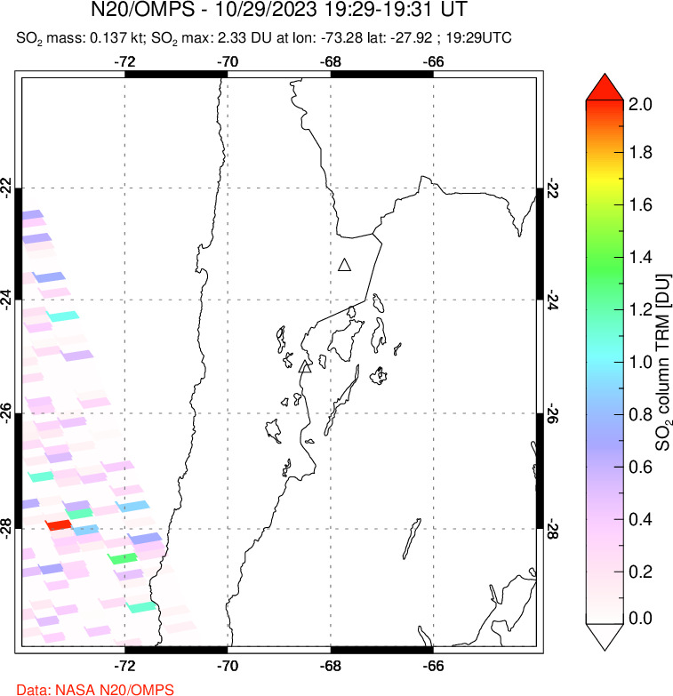 A sulfur dioxide image over Northern Chile on Oct 29, 2023.