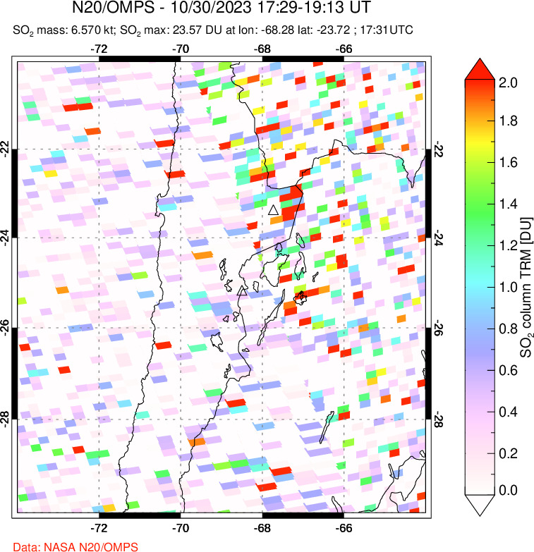 A sulfur dioxide image over Northern Chile on Oct 30, 2023.