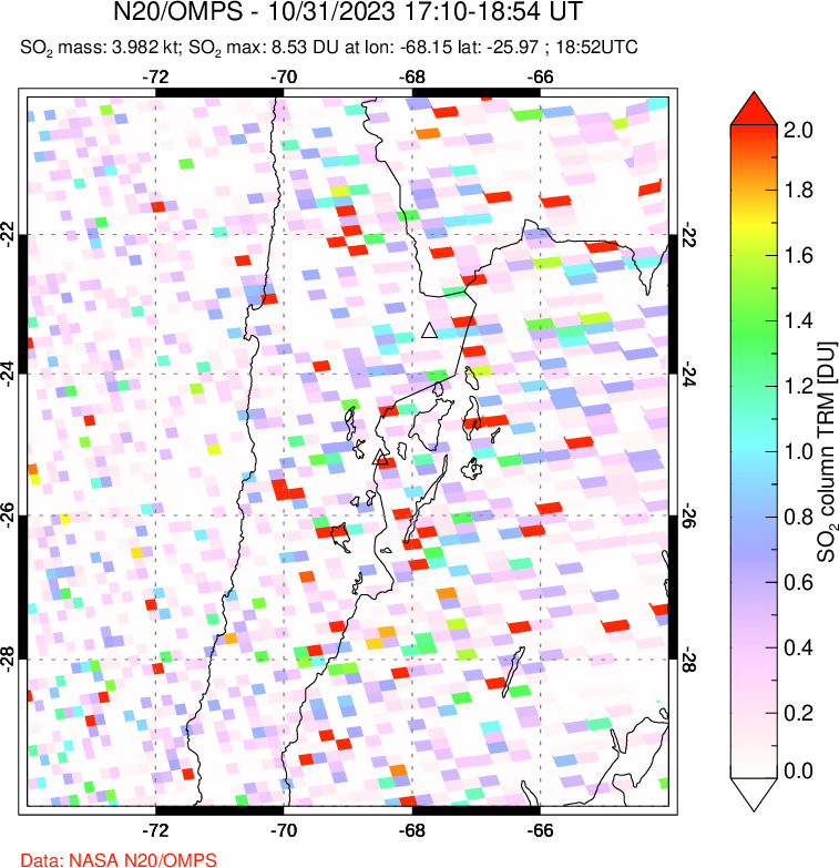 A sulfur dioxide image over Northern Chile on Oct 31, 2023.