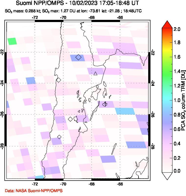 A sulfur dioxide image over Northern Chile on Oct 02, 2023.