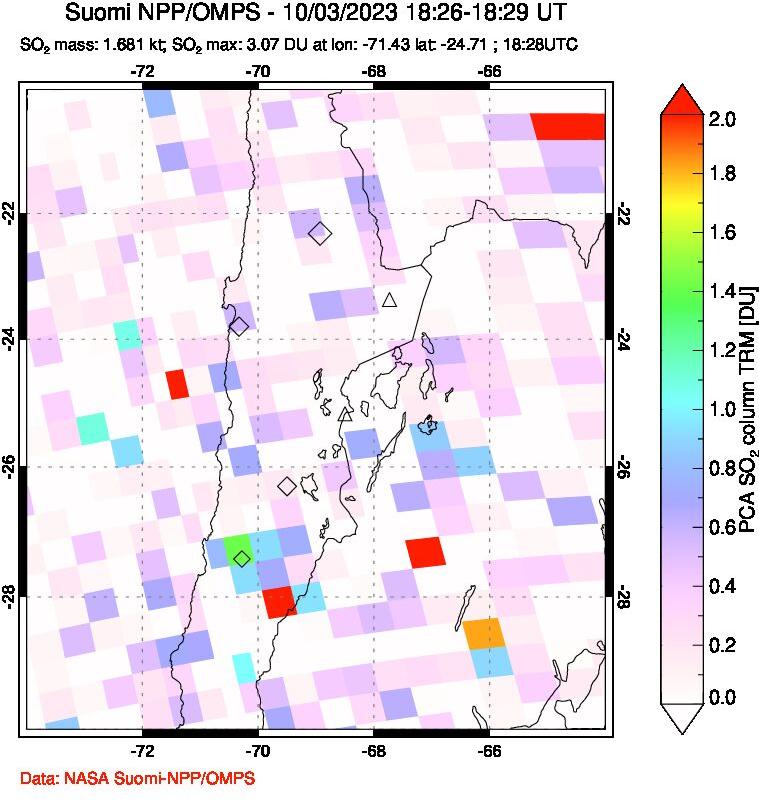 A sulfur dioxide image over Northern Chile on Oct 03, 2023.