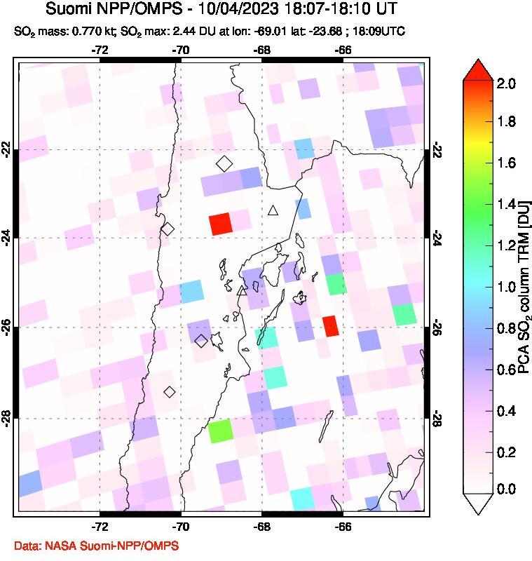 A sulfur dioxide image over Northern Chile on Oct 04, 2023.