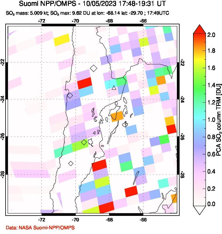 A sulfur dioxide image over Northern Chile on Oct 05, 2023.