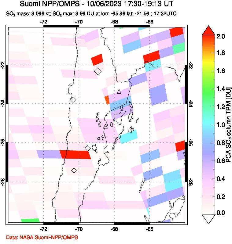 A sulfur dioxide image over Northern Chile on Oct 06, 2023.