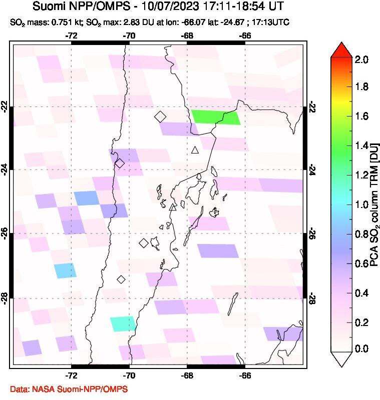 A sulfur dioxide image over Northern Chile on Oct 07, 2023.