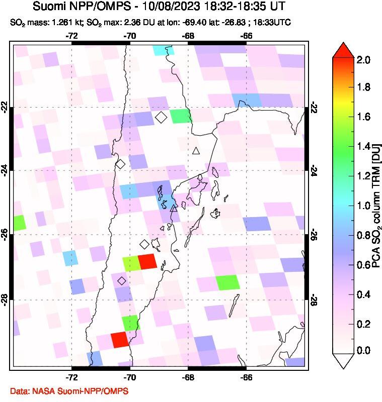 A sulfur dioxide image over Northern Chile on Oct 08, 2023.