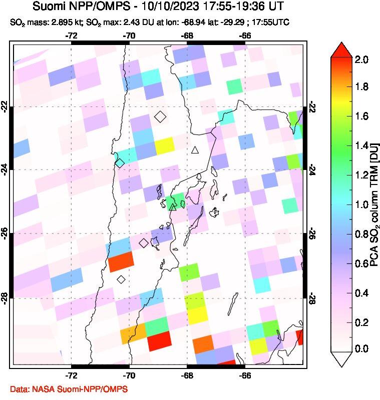 A sulfur dioxide image over Northern Chile on Oct 10, 2023.