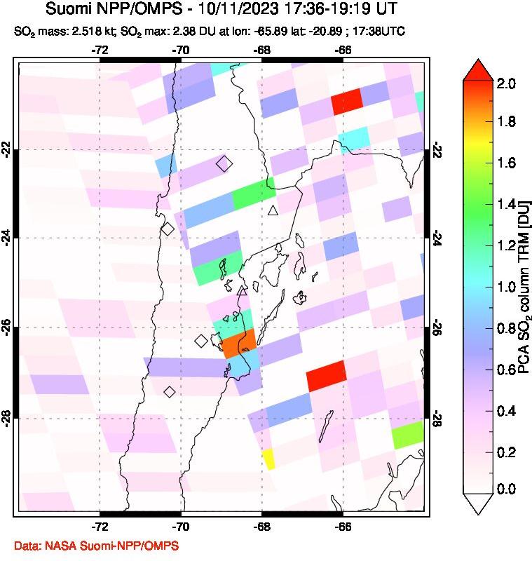 A sulfur dioxide image over Northern Chile on Oct 11, 2023.